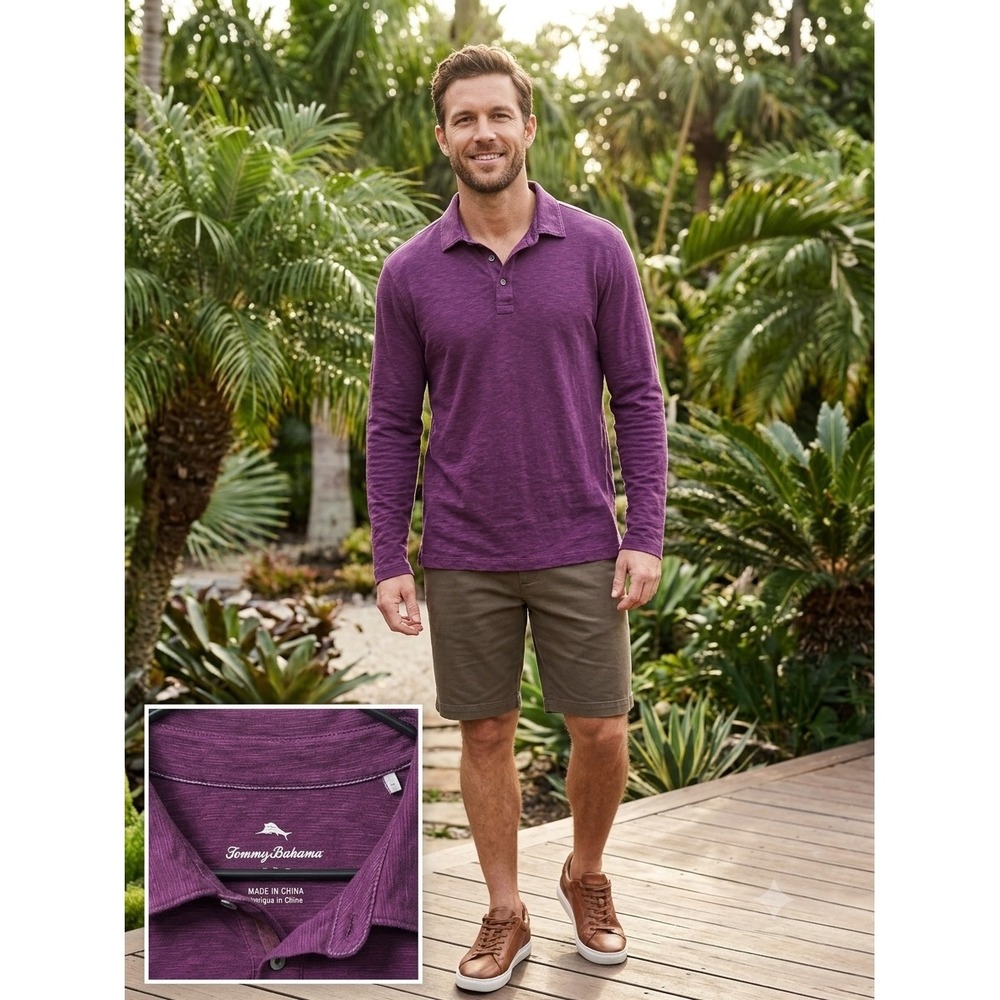 Tommy Bahama Mens XL Long Sleeve Polo Shirt Purple Heathered Slub Knit Marlin